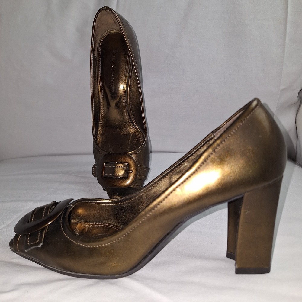 Etienne Aigner Women's Night Peep Toe Pump Heels Size 7M Bronze Metallic‎ Buckle